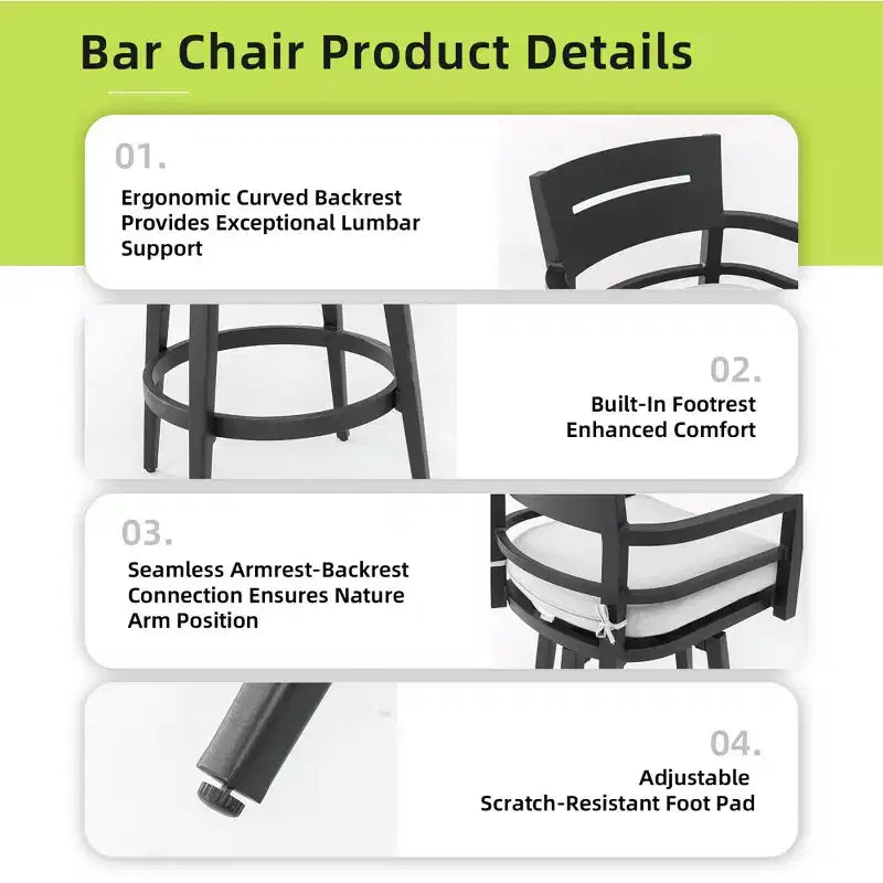 Swivel Outdoor Bar Stool Patio Bar Chair Set of 2, Aluminum Material & Tapered Leg & Moveable Cushion