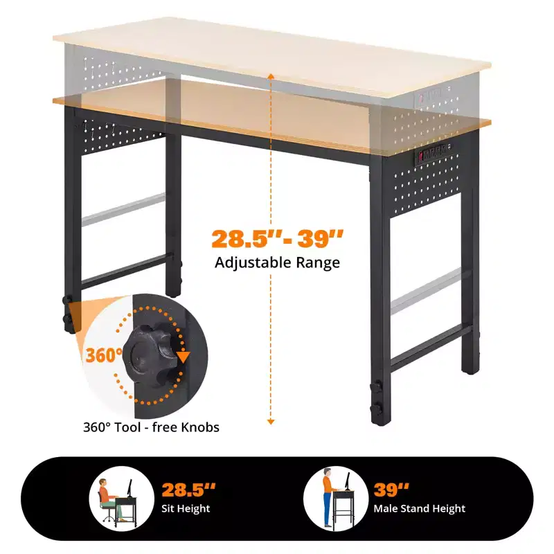 47 Inch Adjustable Workbench, 2000 LBS Load Capacity, with Tool Hooks, Mobile Work Table with Locking Casters for Garage, Workshop, Home Office