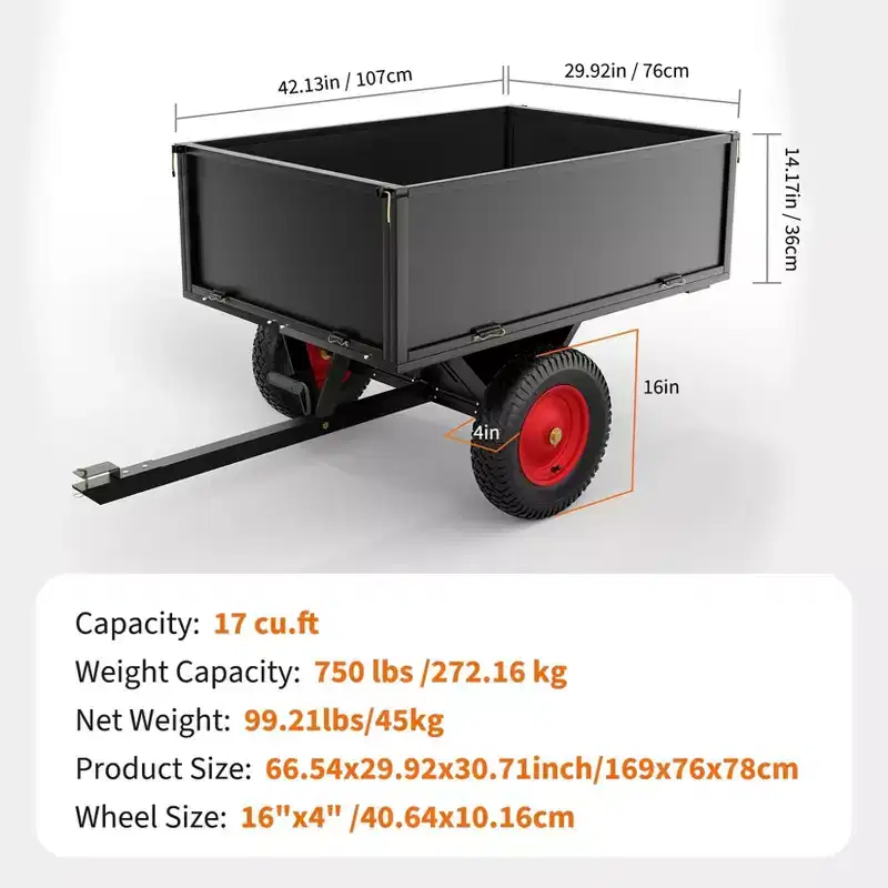 Heavy Duty Steel Garden Dump Cart  17 Cu.ft, 750lbs Capacity, Removable Sides, All-Terrain Wheels, Tow Behind ATV/UTV/Lawn Mower/Tractor