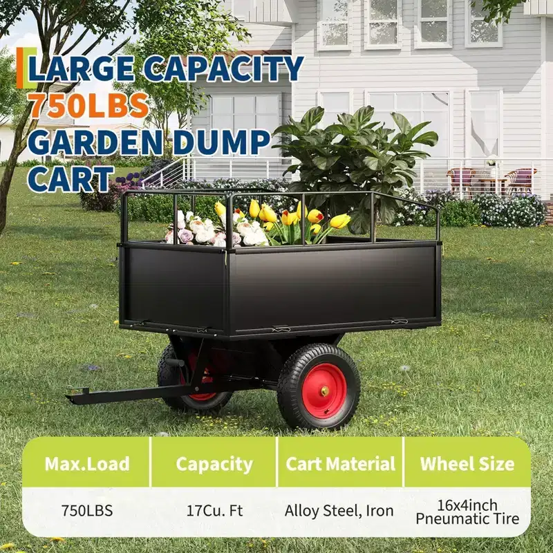 Heavy Duty Steel Garden Dump Cart  17 Cu.ft, 750lbs Capacity, Removable Sides, All-Terrain Wheels, Tow Behind ATV/UTV/Lawn Mower/Tractor