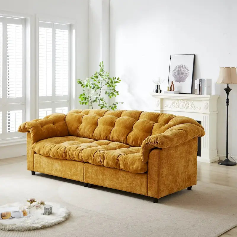 99-Inch Deep Seat Sofa – Yellow / Beige / Grey / Green, Chenille, Solid Wood Frame, Seats 3