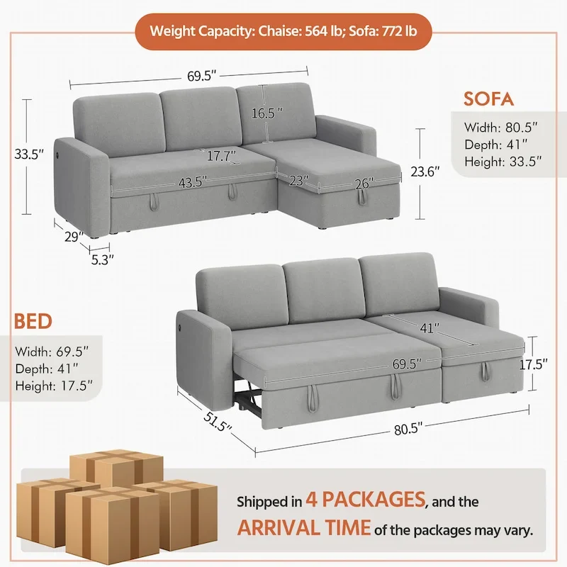 L-Shaped Reversible Sectional Sofa with Pull Out Bed & Storage - 83x 57.5x33