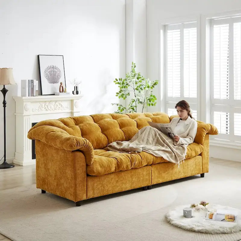 99-Inch Deep Seat Sofa – Yellow / Beige / Grey / Green, Chenille, Solid Wood Frame, Seats 3