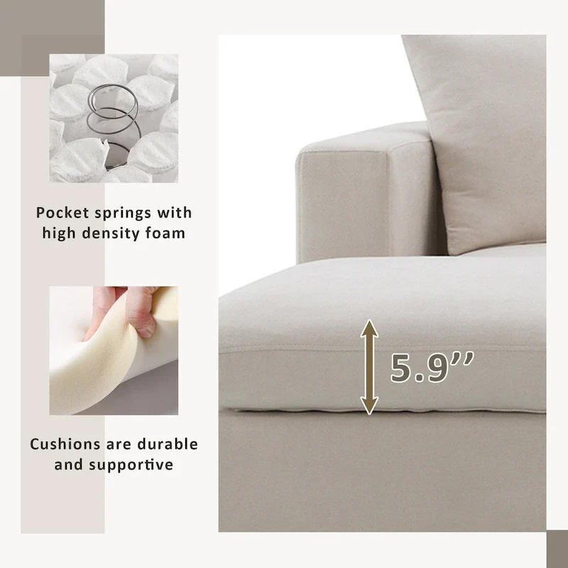White L-Shaped Sectional Sofa with Ottoman, Seats 5