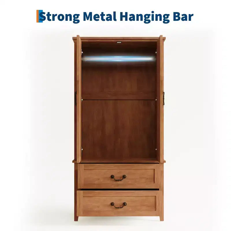 Wood Armoire Wardrobe Closet with 2 Drawers, 71''H Clothing Storage Cabinet with Metal Handing Rod, Armoire Clothes Organizer for Bedroom, Cloak Room