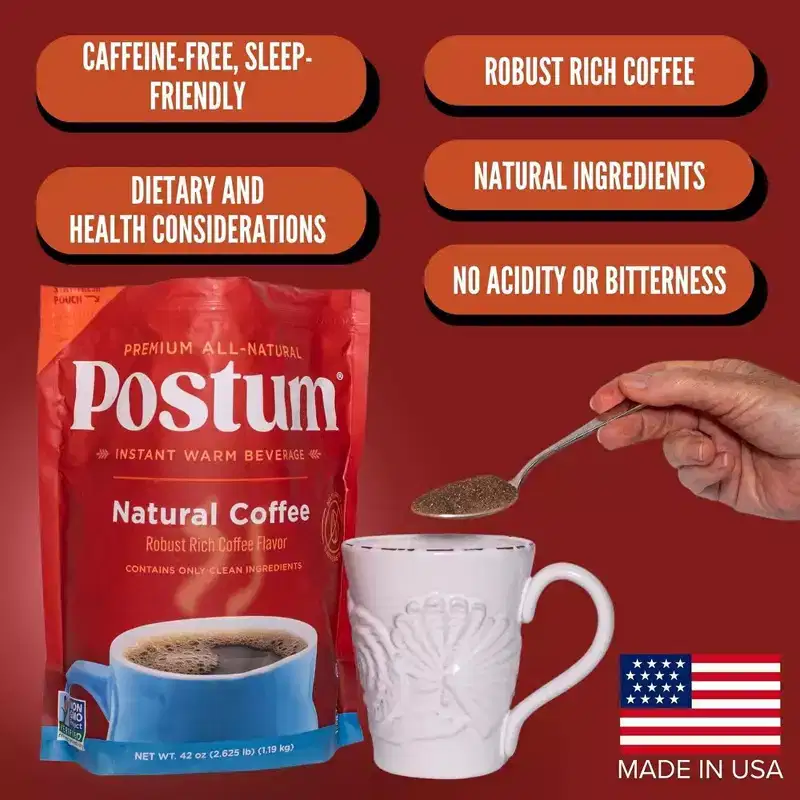 Postum Natural Coffee Substitute, Caffeine-Free, Made with Roasted Wheat Bran & Molasses, Kosher, Vegan, Non-GMO, Natural & Healthy - 42 oz
