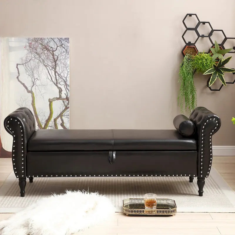 Upholstered Storage Ottoman Bench – Brown / Beige / Blue / Black / Grey / Pink, Velvet, Rolled Arms, Seats 2