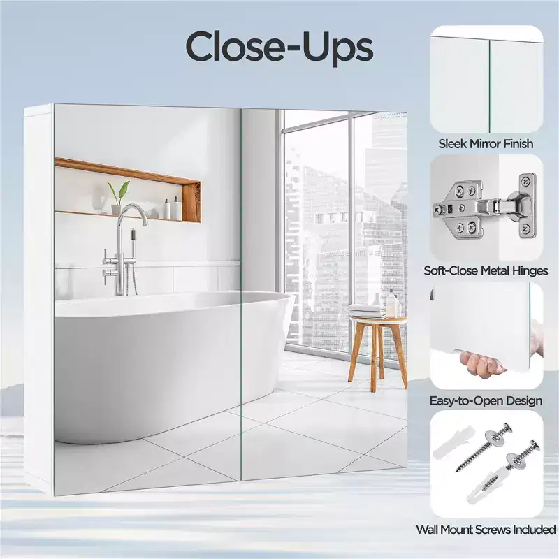 Frameless Mirror Cabinet with Two Mirrored Doors and Adjustable Shelf