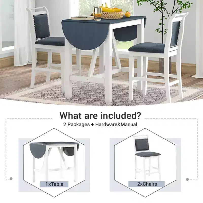 Whisen 3-Piece Wood Counter Height Drop Leaf Dining Table Set with 2 Upholstered Dining Chairs