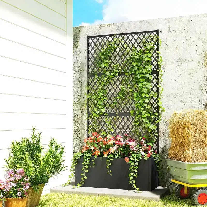 Outsunny Metal Planter Box with Trellis, Raised Garden Bed with Trellis Privacy Screen for Climbing Plants, Diamond Lattice Privacy Planter