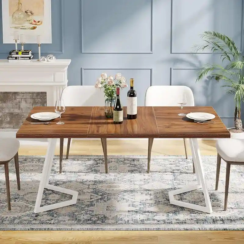 Natural Wood Tone Rectangle Dining Table with Metal Frame for 2–4 Person, 55