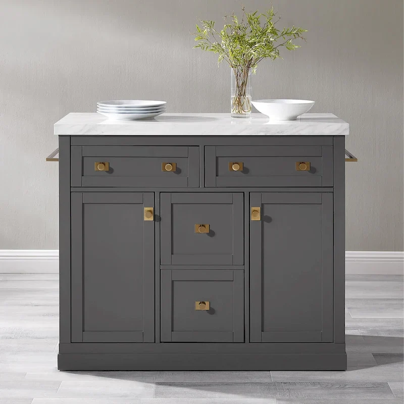 Modern Kitchen Island with Faux Marble Top, 4 Drawers & Brushed Gold Hardware