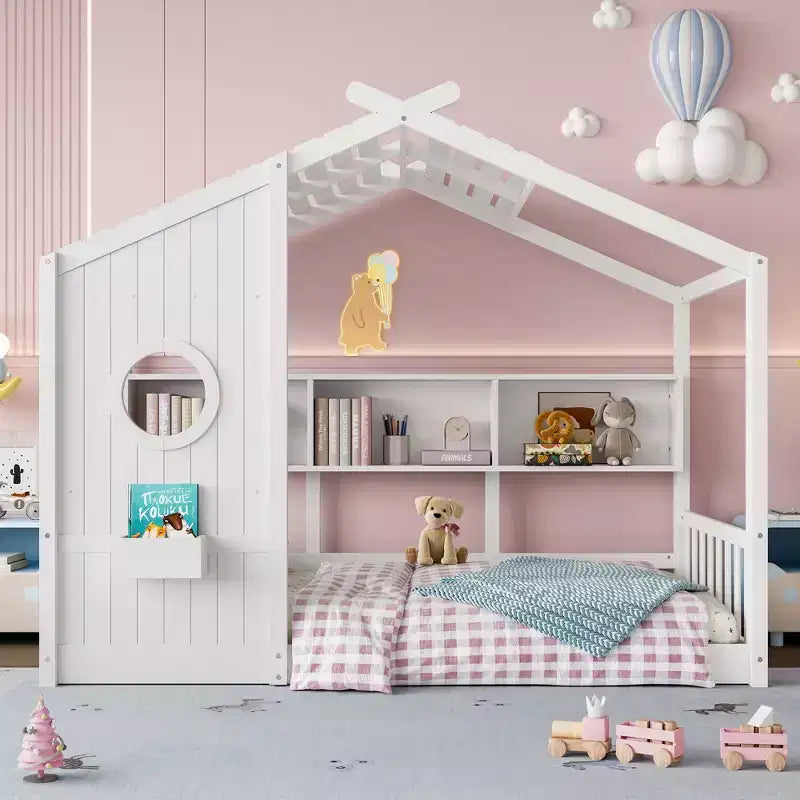 Floor House Bed with Built-In Storage Shelves & Slatted Roof