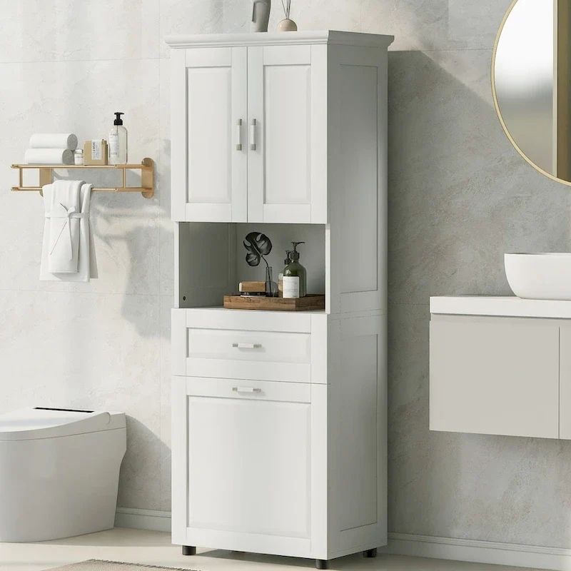 Tall Bathroom Cabinet with Laundry Basket, Large Storage Space Tilt-Out Laundry Hamper and Upper Storage Cabinet