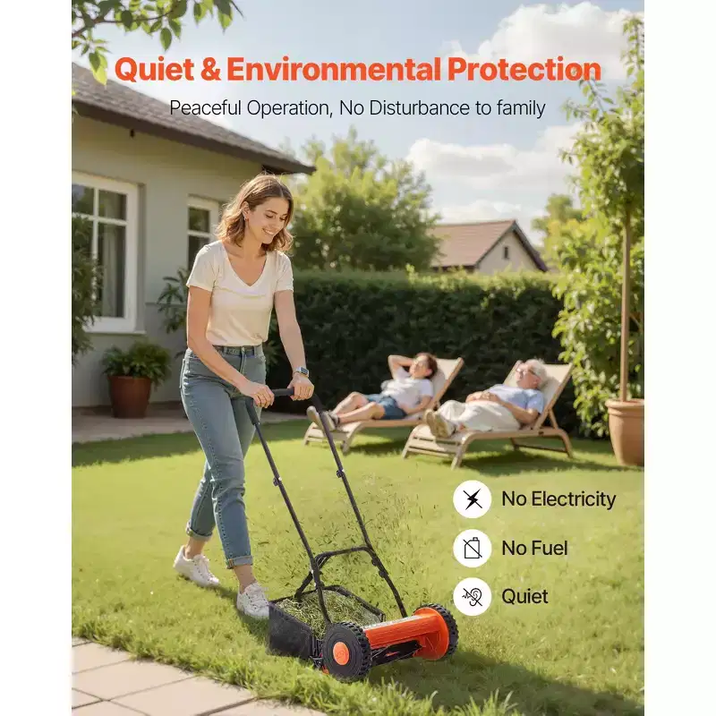 14 in Push Reel Lawn Mower Manual Walk Behind Mower with 5 Steel Blades Adjustable Height and Grass Catcher