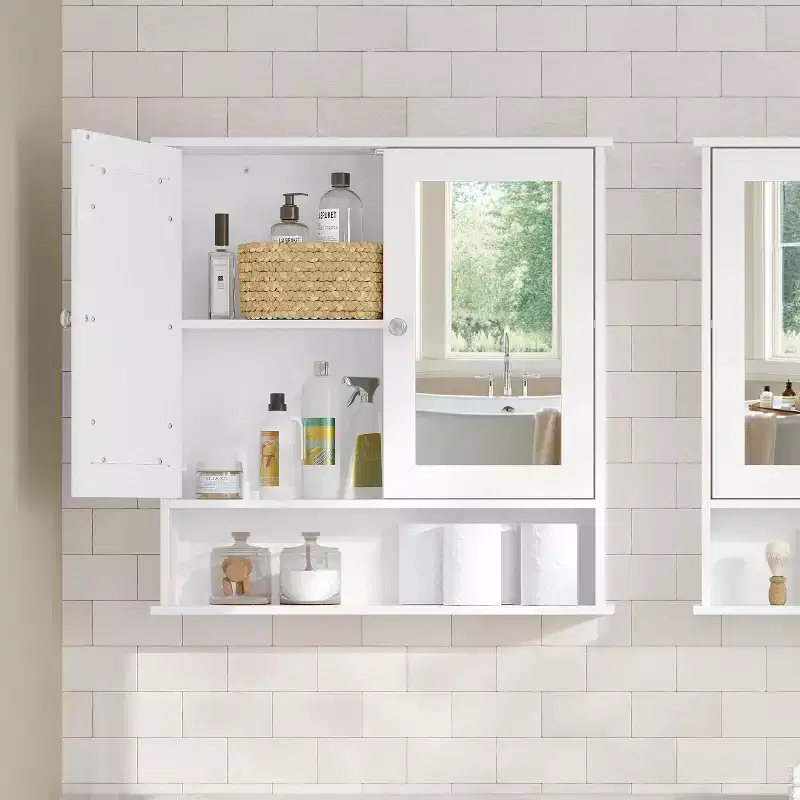 Wall-Mounted Bathroom Cabinet with 2 Mirrored Doors & Adjustable Shelf, White