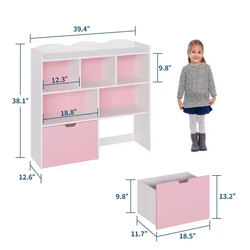 Pink and White Kids Toy Storage Organizer, Wooden Toy Storage Cabinet, Playroom Storage Cubby, Toys Organizers and Storage for Bedroom, Nursery