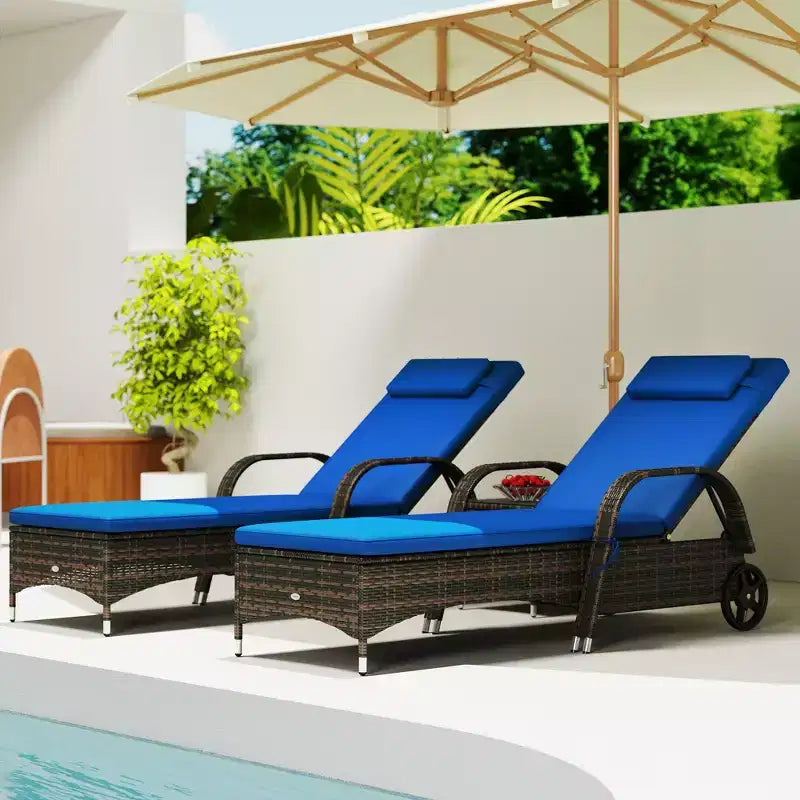Patio Wicker Chaise Lounge Chair Set of 2 with Table, Adjustable Backrest, Wheels, Cushion & Headrest