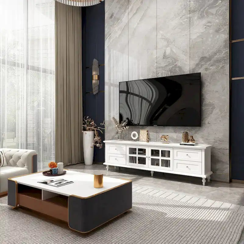 70.9-Inch TV Stand – White, Modern Style, Tempered Glass Doors & 4 Drawers