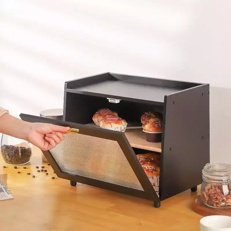 2-Layer Bamboo Bread Box with Acrylic Door, Bread Storage Container for Kitchen Countertop, Organizing Baguettes, Pastries & Baked Goods