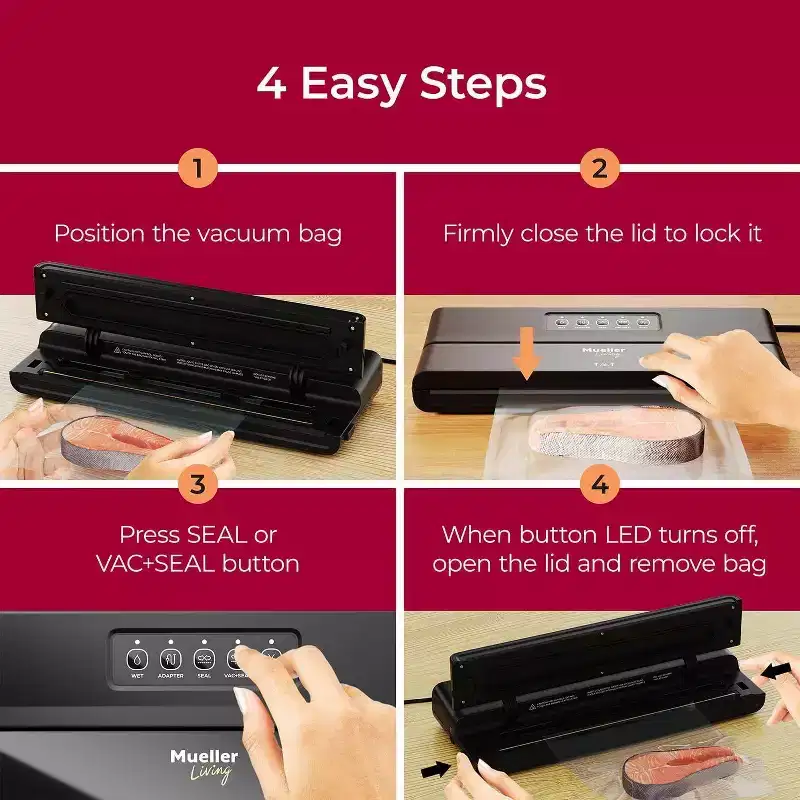 MuellerLiving Vacuum Sealer Machine, Compact Vacuum Sealer Kit with Bags/Roll, LED Light Indicators, Preserve, Marinate, Sous Vide, Black