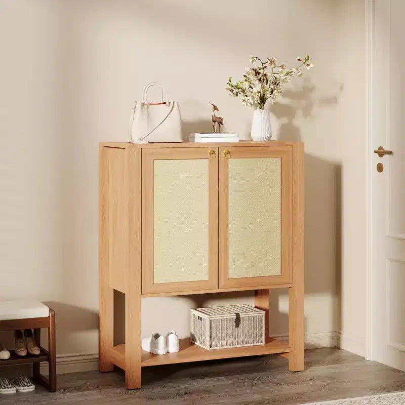 5-Tier Rattan Shoe Cabinet with Adjustable Shelves & Doors, Slim Entryway Organizer