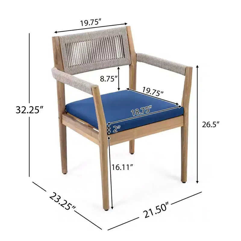 NAYSAYE Patio Dining Sets Braided Acacia Wood Dining Chairs with Cushions and Armrests for Garden Poolside, Navy and Beige, 23.25*21.5*32.25