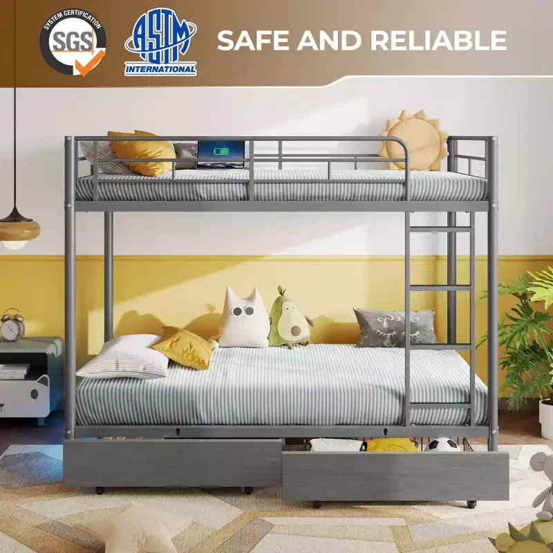Metal Bunk Bed with Storage Drawers, Charging Station and LED Light - Safety Guardrail & Ladders