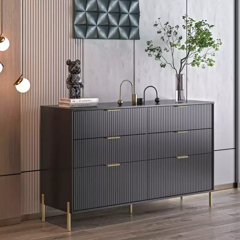 6 Drawer Dresser with Gold Legs Modern Ribbed Design for Bedroom
