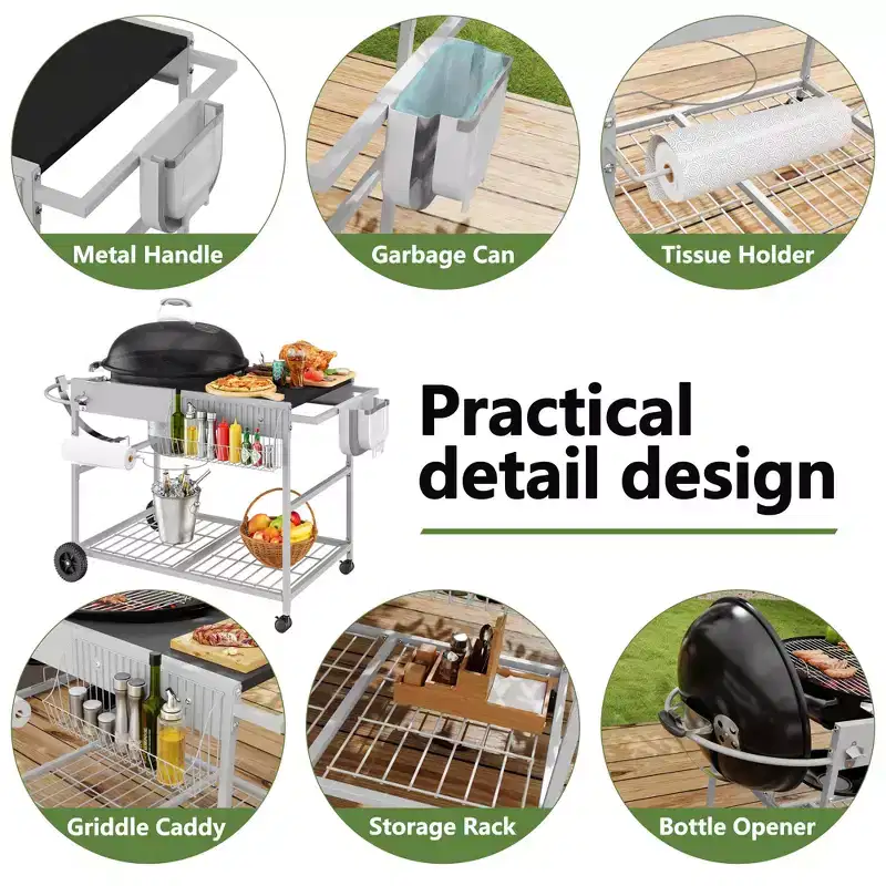 Celebalcony Grill Table for Weber 22 & 18 Original Kettle, Outdoor Grill Cart with Wheels, Movable Outdoor Prep Table Cooking Station, Sliver