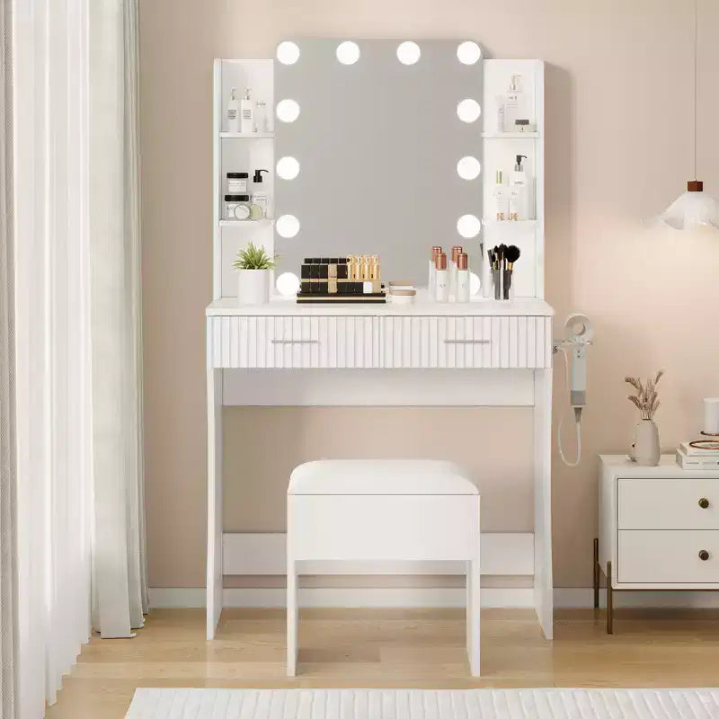 Garvee Makeup Vanity Desk with Mirror and 12 LED Lights, Modern Dressing Table Furniture with Hair Dryer Holder Stool for Bedroom