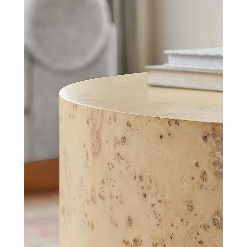 Round Burl Wood Coffee Table – Natural / Off White, Mid-Century Style