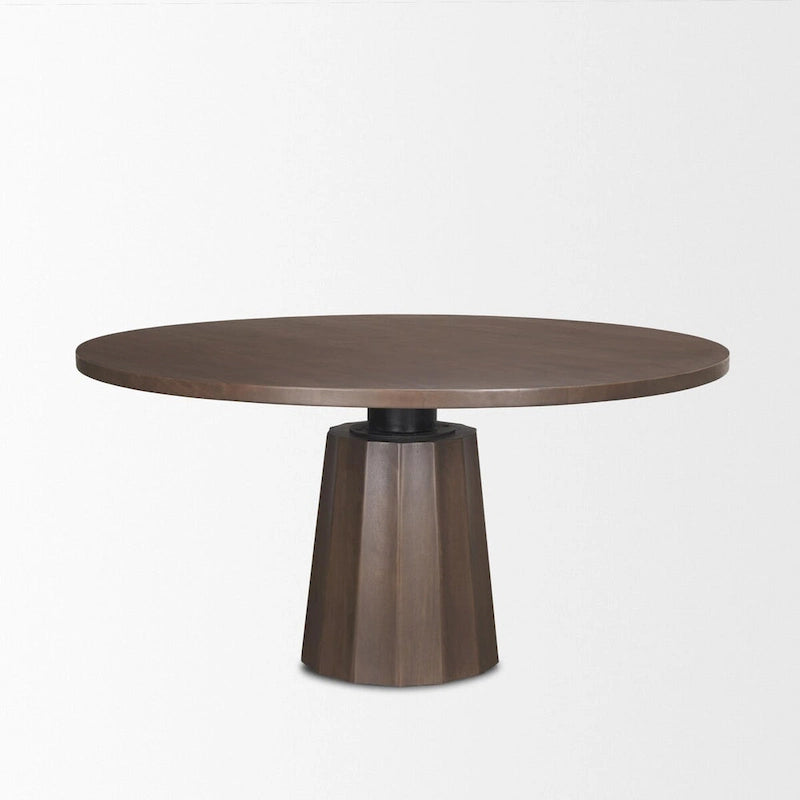 60-Inch Round Pedestal Dining Table – Dark Brown, Solid Mango Wood, Scalloped Base, Matte Black Iron Neck, Classic Style