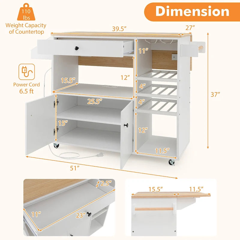 Kitchen Island Cart – White / Brown / Black, Drop-Leaf, Power Outlet, Wine Rack, Microwave Shelf, Casters