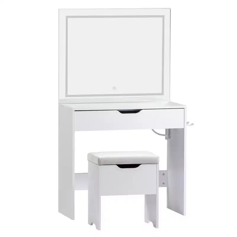 VECELO Vanity Desk Set with LED Lighted Mirror & Power Outlet, Makeup Table with Large Drawer, Storage Stool and Hair Dryer Stand for Bedroom, White