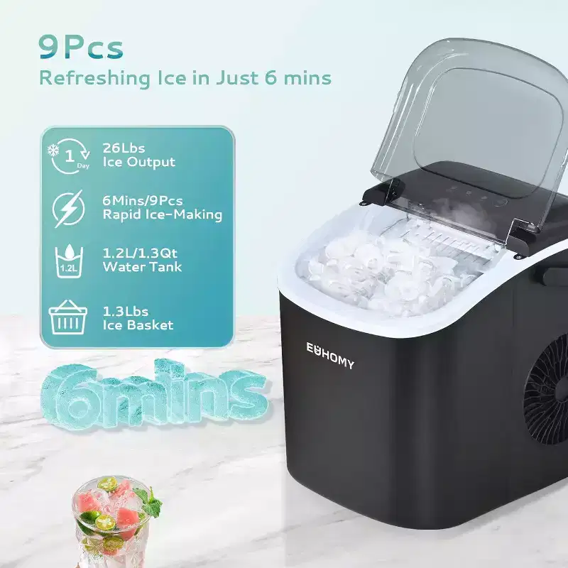 EUHOMY 26 Lbs. Countertop Bullet Ice Maker, Black