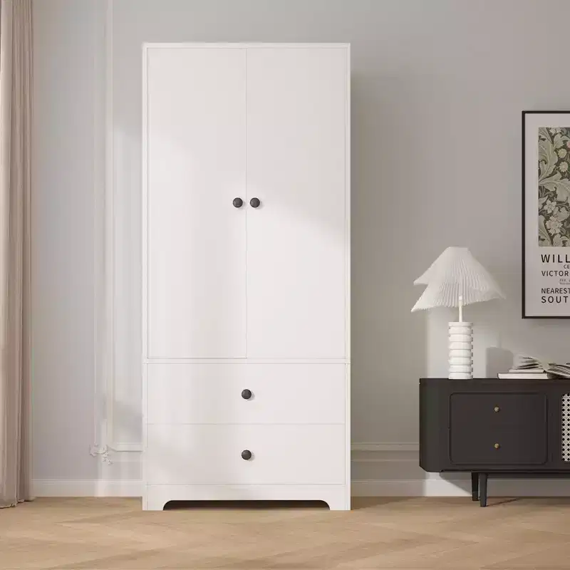 2-Door Wardrobe Storage Cabinet, Flat Panel MDF Sideboard Buffet Cabinet for Bedroom, Dining Room and Home