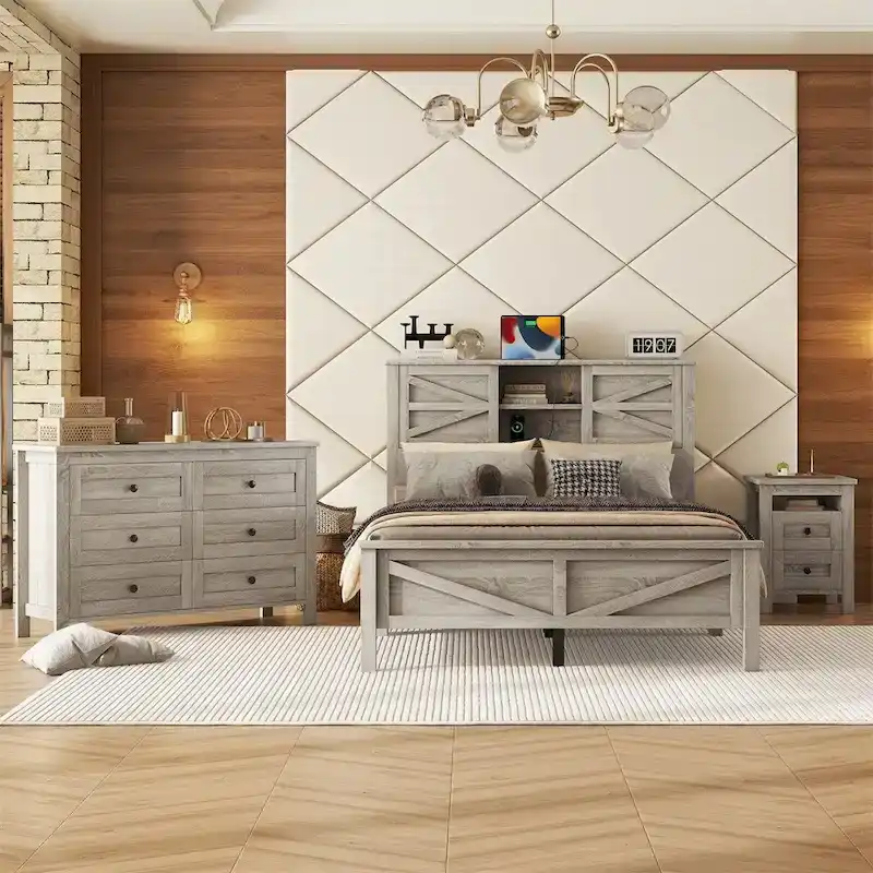 Bedroom Sets Full Size Platform Bed with Charging Station,Nightstand,Dresser(Set of 3)