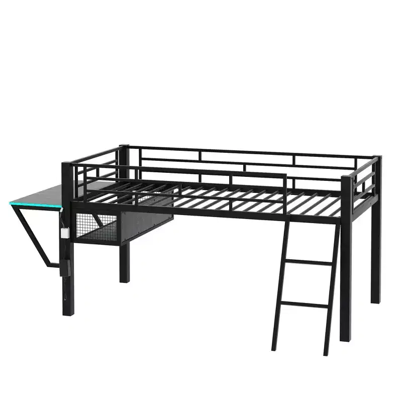 Twin Gaming Loft Bed with Desk & LED Lights, Black Metal Mid Loft Bed with Storage for Kids Teens, eSports-Inspired Design