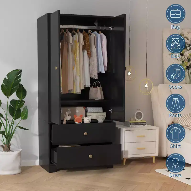 2-Door Wardrobe Storage Cabinet, Flat Panel MDF Sideboard Buffet Cabinet for Bedroom, Dining Room and Home