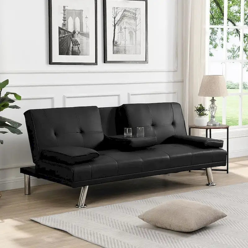 Convertible Sofa Bed – Black / Dark Brown, Faux Leather, 3-Position Recliner, Seats 2