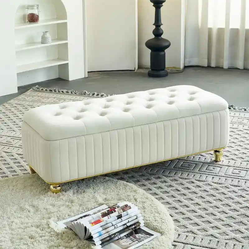 Rectangle Storage Ottoman Bench &ndash; Green / Black / Beige, Tufted Velvet, Modern Style, Seats 1&ndash;2