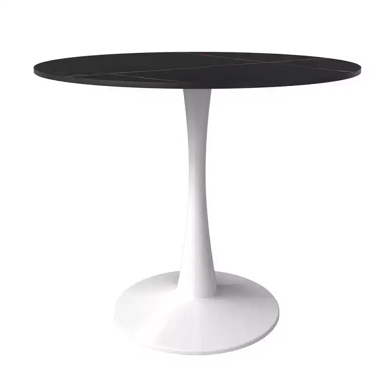LeisureMod Bristol 31 Round Dining Table  Sintered Stone Top Accent Caf Table & Sturdy Steel White Pedestal Base for Kitchen and Small Spaces
