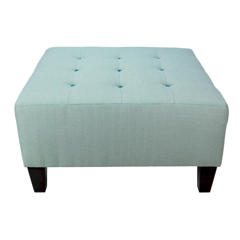 Button Tufted Upholstered Square Ottoman | Blue | Modern Accent Footrest