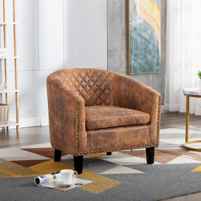 Accent Barrel chair living room chair with nailheads and solid wood legs