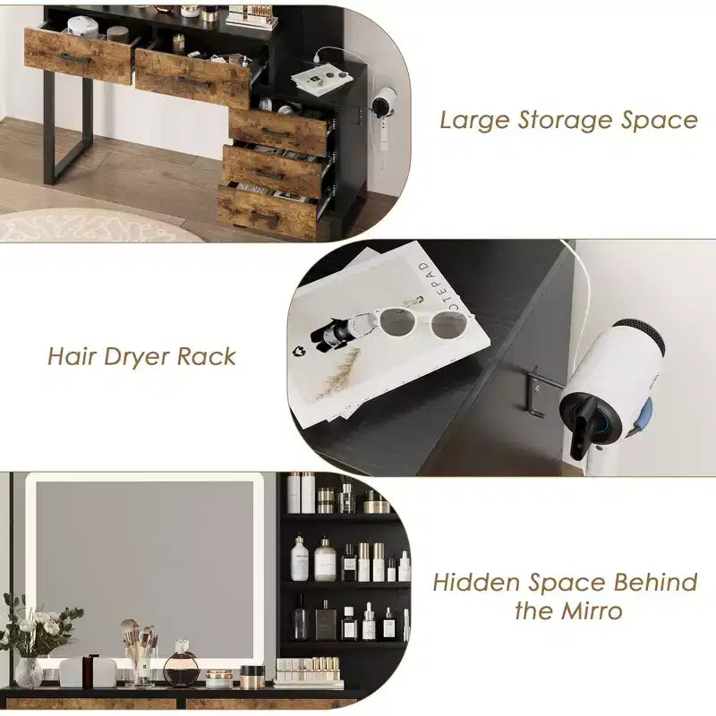 Makeup Vanity Desk with Sliding Mirror and Lights, Large Dressing Table with Charging Station,3 Lighting Modes, 5 Drawers and 3 Tiers of Open Shelves