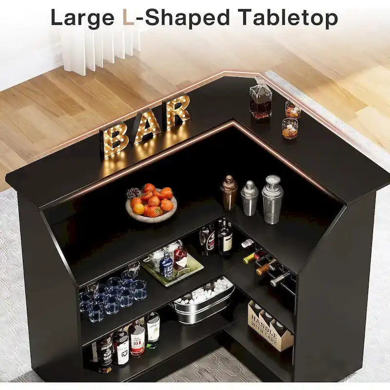 L-Shaped Bar Cabinet with Stemware Racks for Home Pub