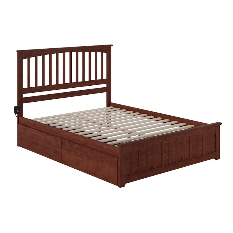 Mission Queen Platform Bed with 2 Bed Drawers in Walnut