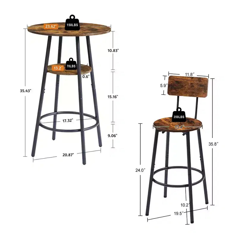 Round Bar Stool Set with Shelves, Rustic Backrest Stools for Home Bar and Kitchen