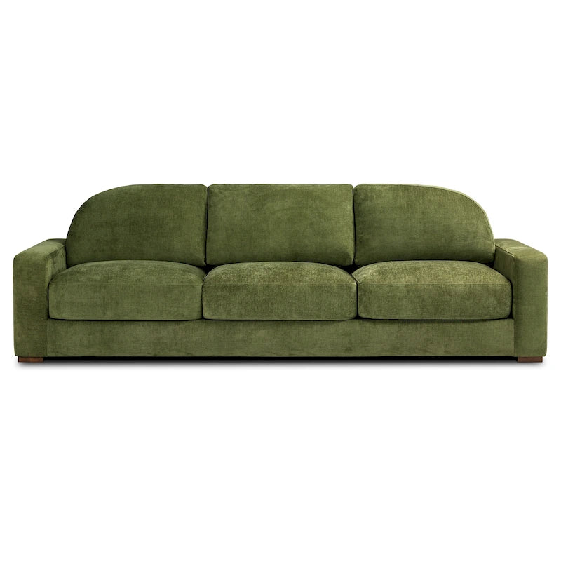 99-Inch Mid-Century Sofa – Distressed Green Velvet, Low-Profile, Sinuous Spring, Seats 3